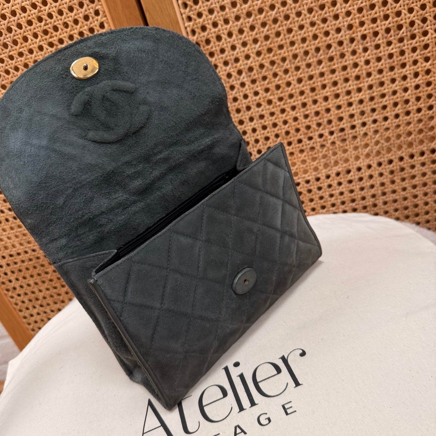 Chanel 1986 Grey Suede Tassel Clutch