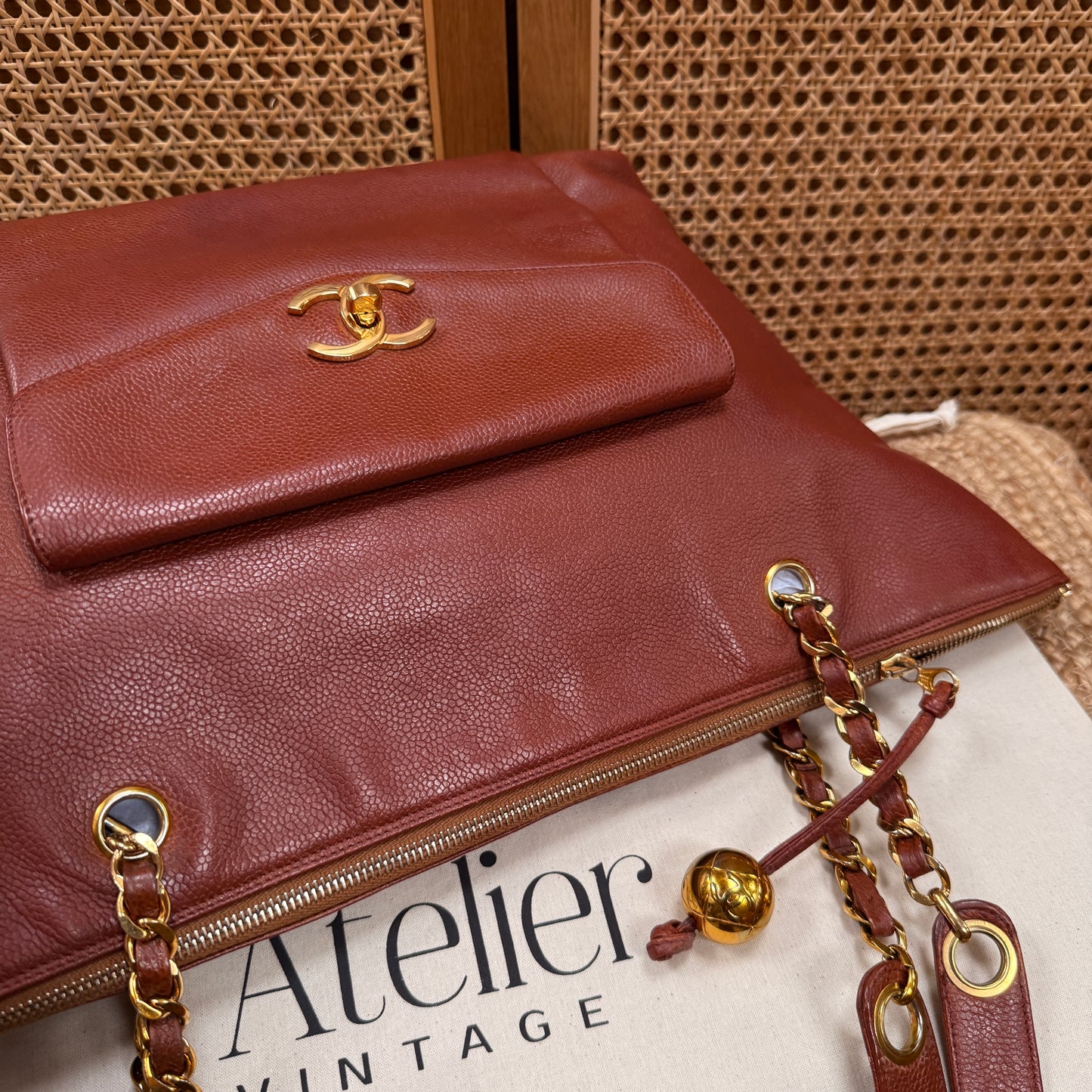 Chanel 1991 Rare Cognac Caviar leather tote with Turnlock front compartment