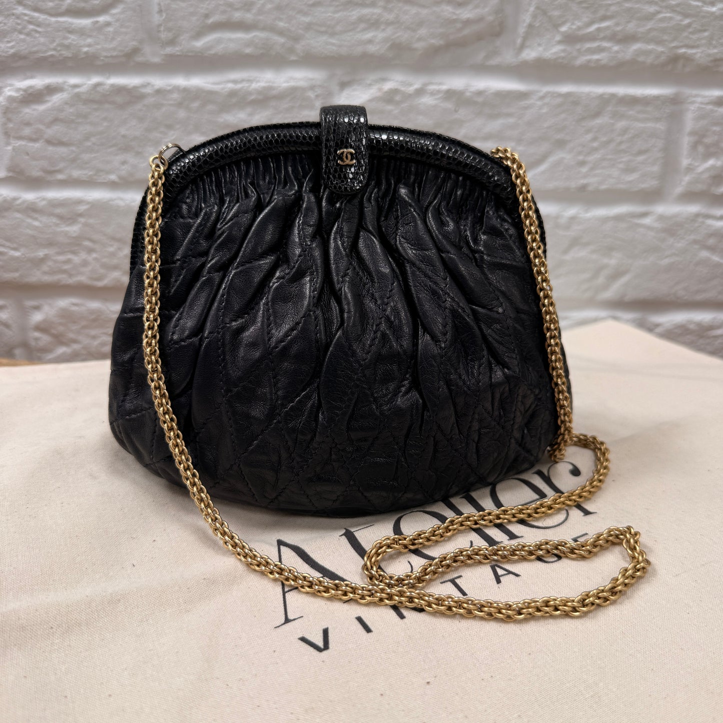 Chanel ULTRA RARE Early 1980s Navy Lambskin & Lizard Skin Kiss lock Frame Bag