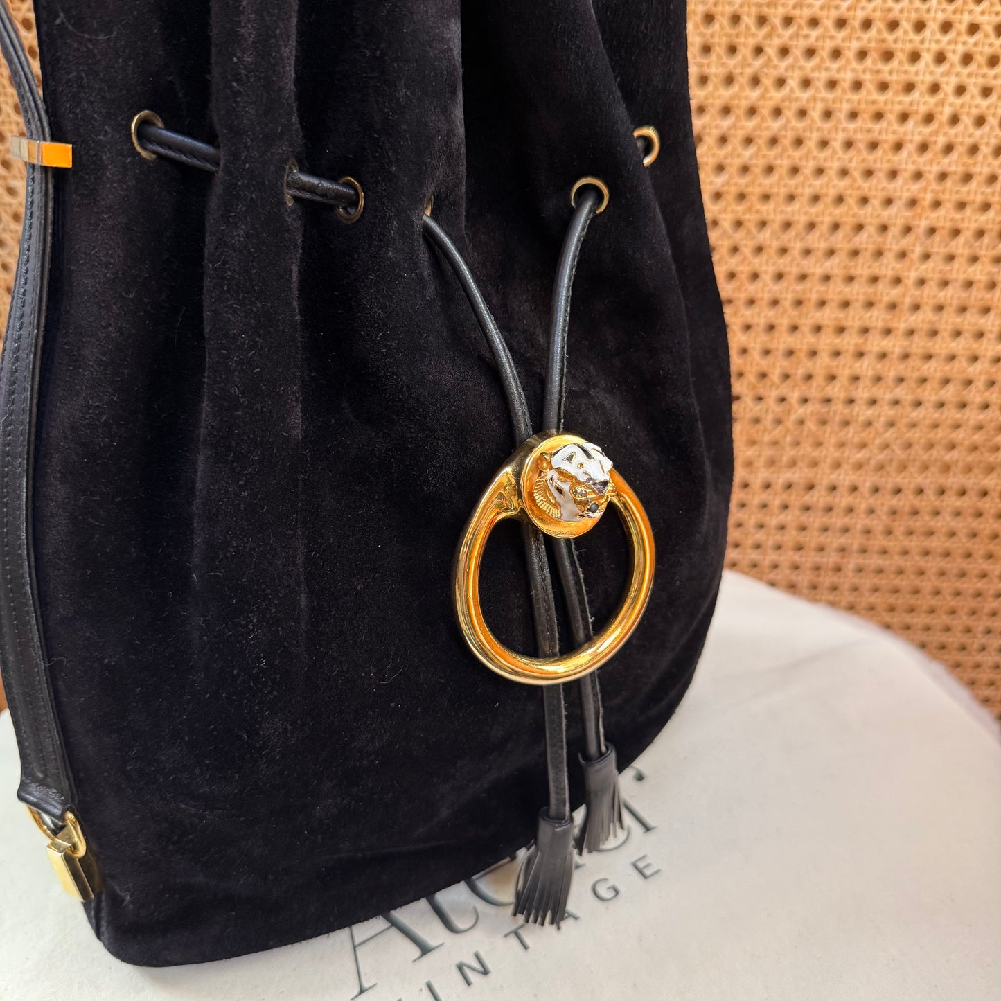 Gucci 1990s Rare Enamel Leopard Suede Bucket Bag