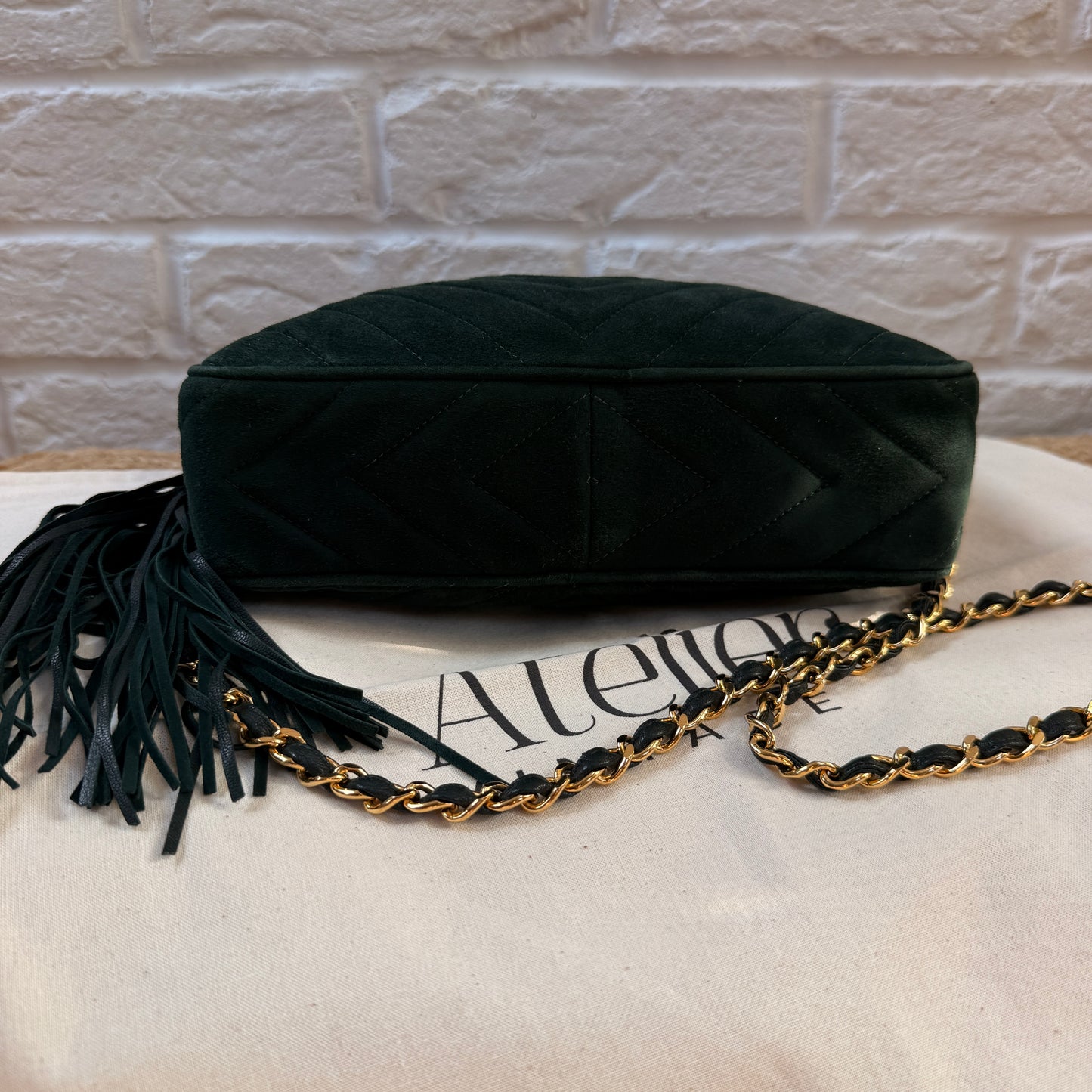 Chanel 1991 Green Suede Camera bag with 24k gold hardware