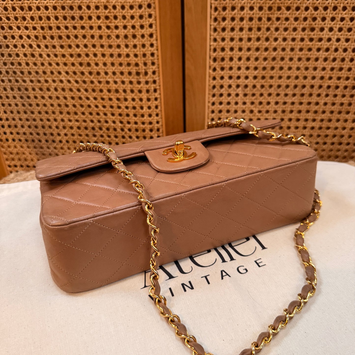 Chanel 1989 Rare Tan Lambskin Leather Classic Double Flap in Medium with 24k Gold Hardware