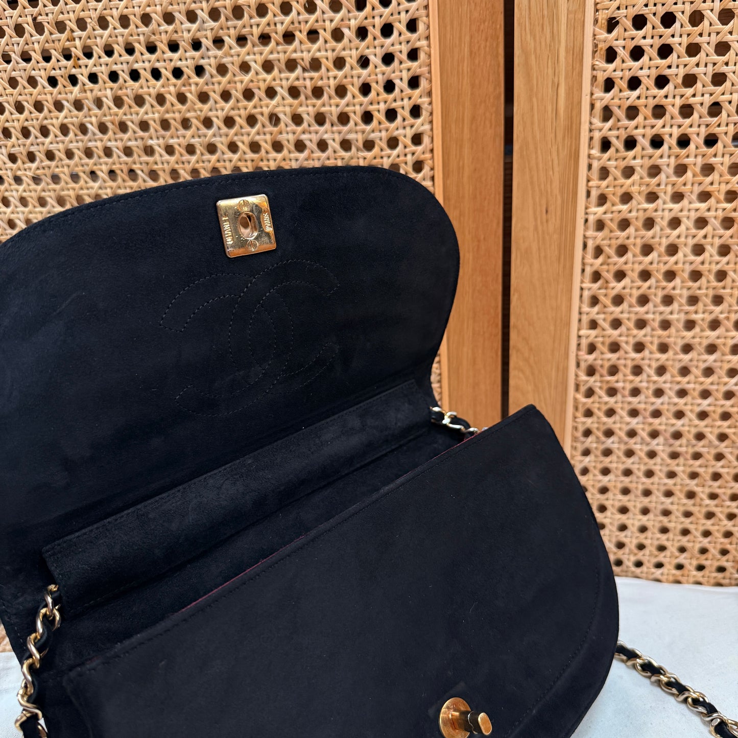 Chanel Rare early 1980s half moon quilted single flap in black suede