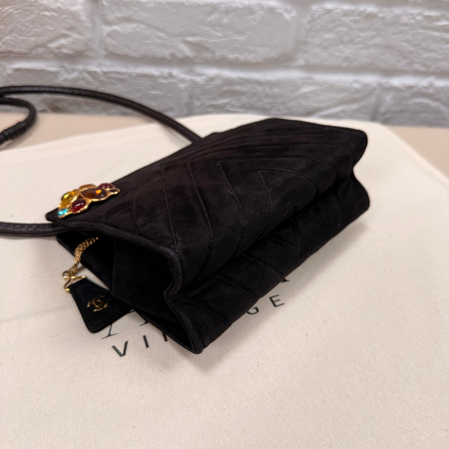 Chanel 1989 Chanel Black Suede & Leather Cross body with rare Gripoix Stone and CC charm Zip Pull