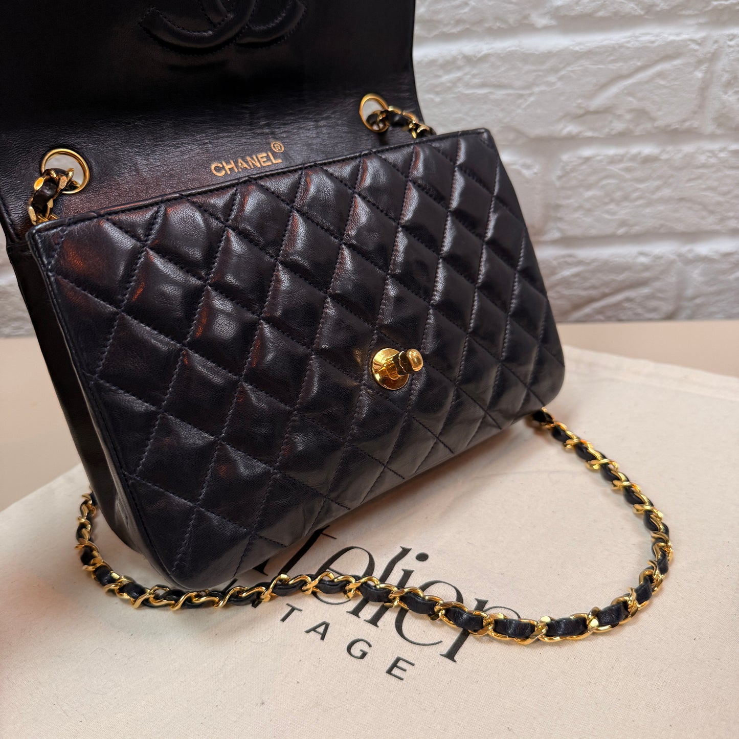 Chanel 1986 Rare Navy Lambskin Half Moon Single Flap with 24k Gold Hardware