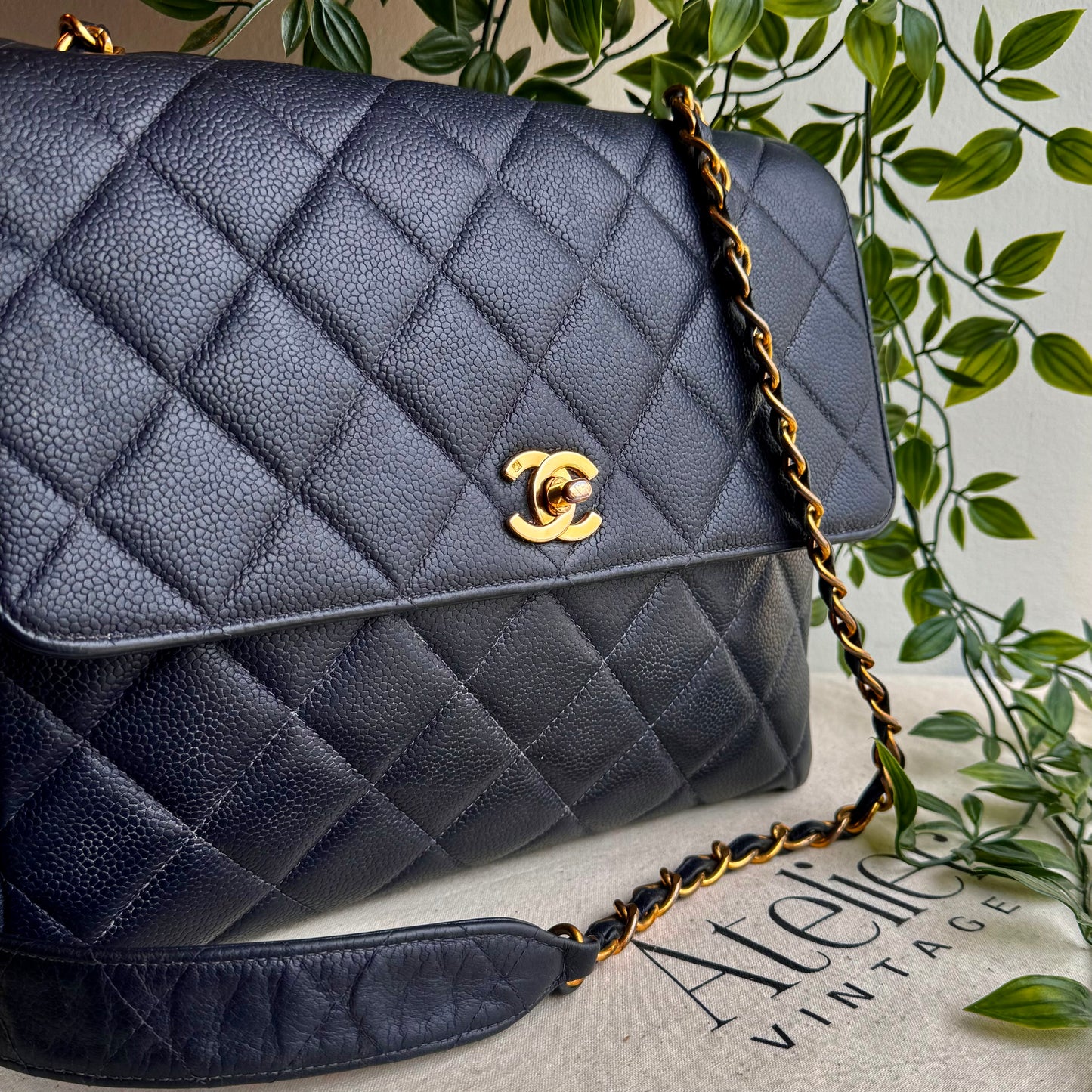 Chanel 1994 Navy Caviar Leather Large Square Single Flap