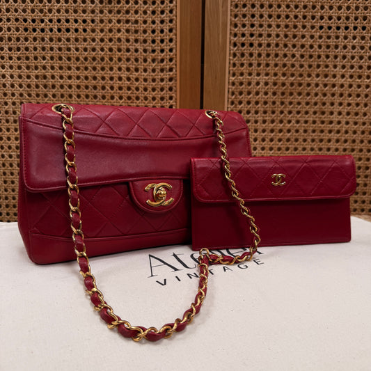 Chanel 1989 Red Classic Single Flap with purse