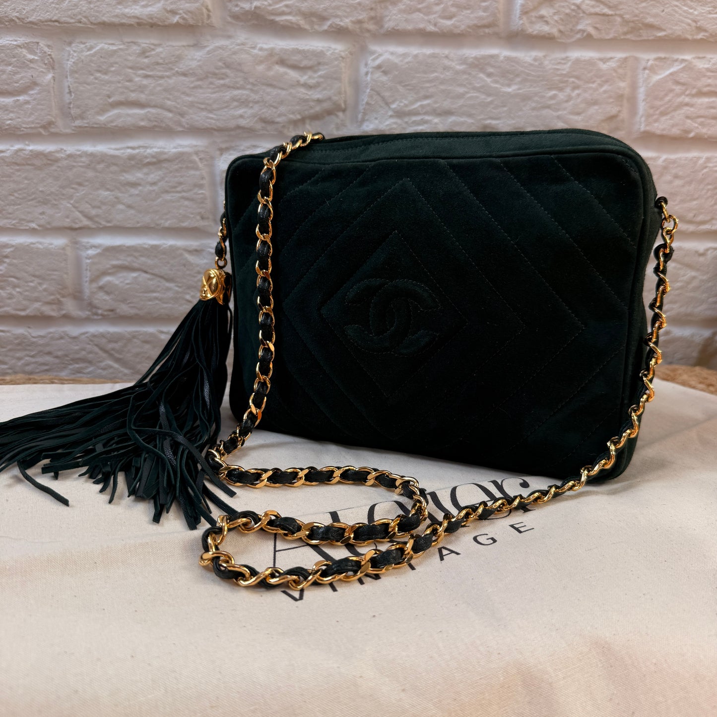 Chanel 1991 Green Suede Camera bag with 24k gold hardware