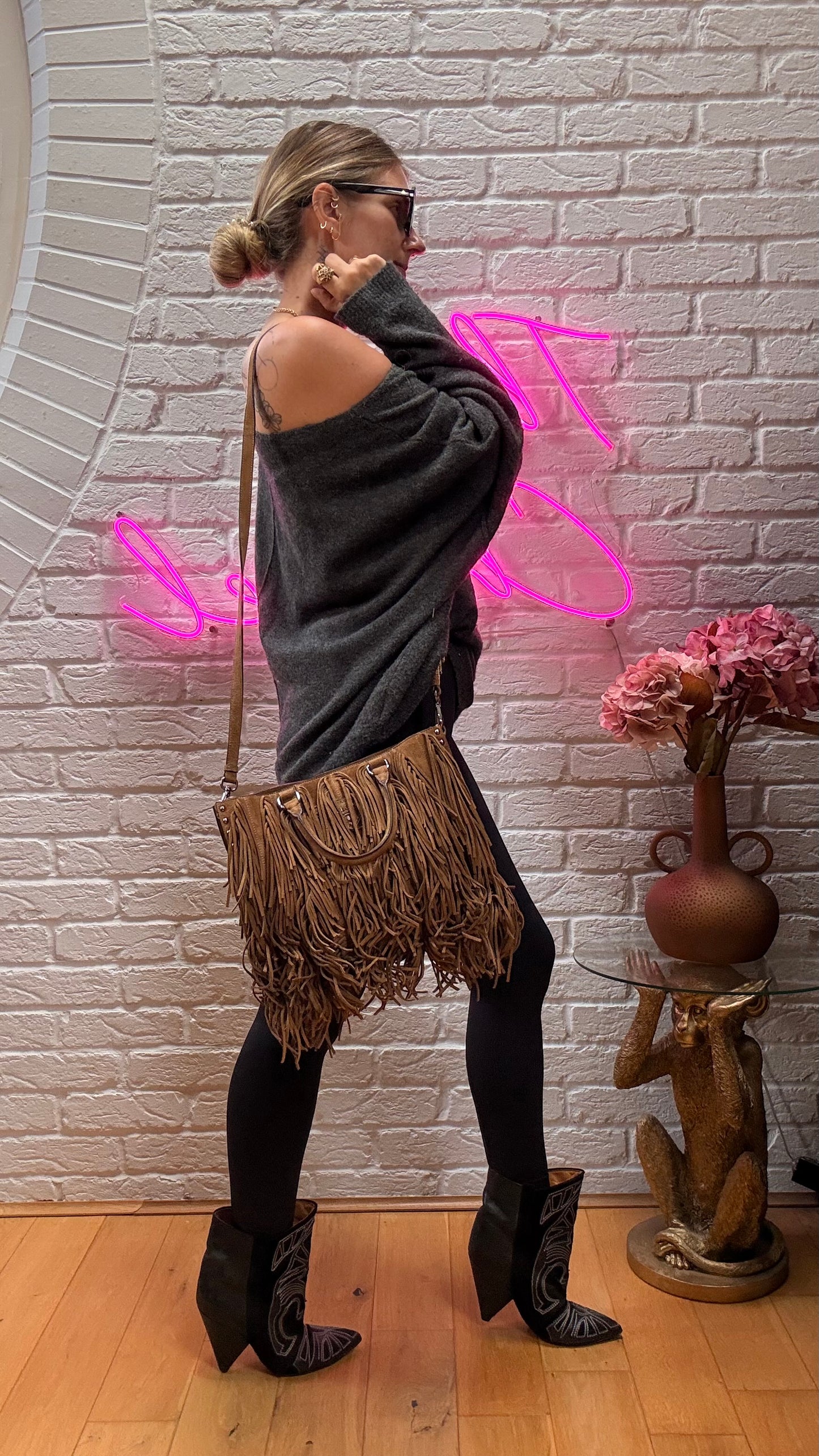Prada Saffiano Two Way Suede Fringed tote