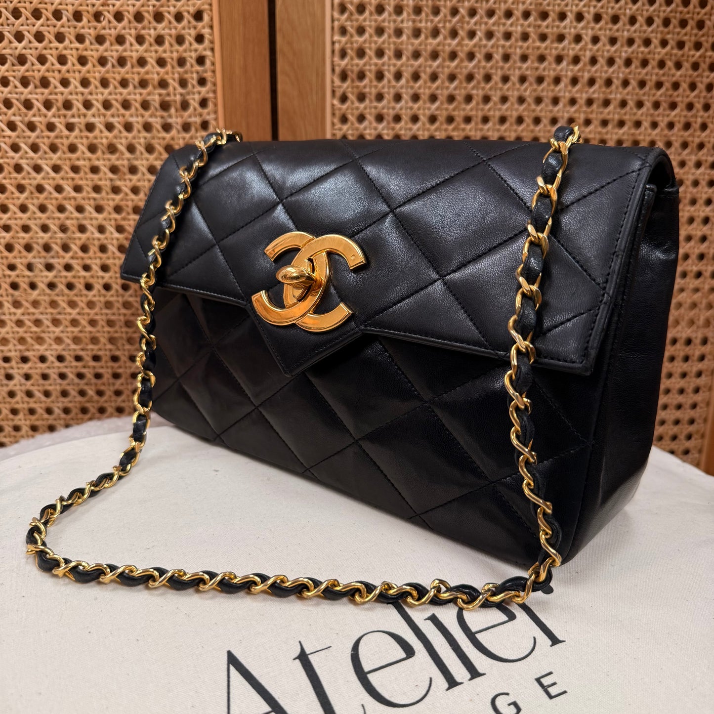 Chanel 1986 Black Limited Edition Jumbo CC Diamond Quilted Single Flap