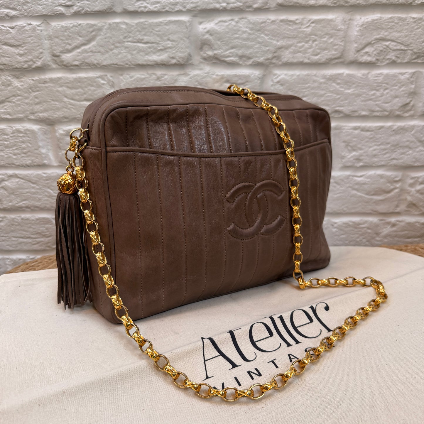 Chanel Rare 1980s Mademoiselle Camera Bag with Bijoux chain in Taupe