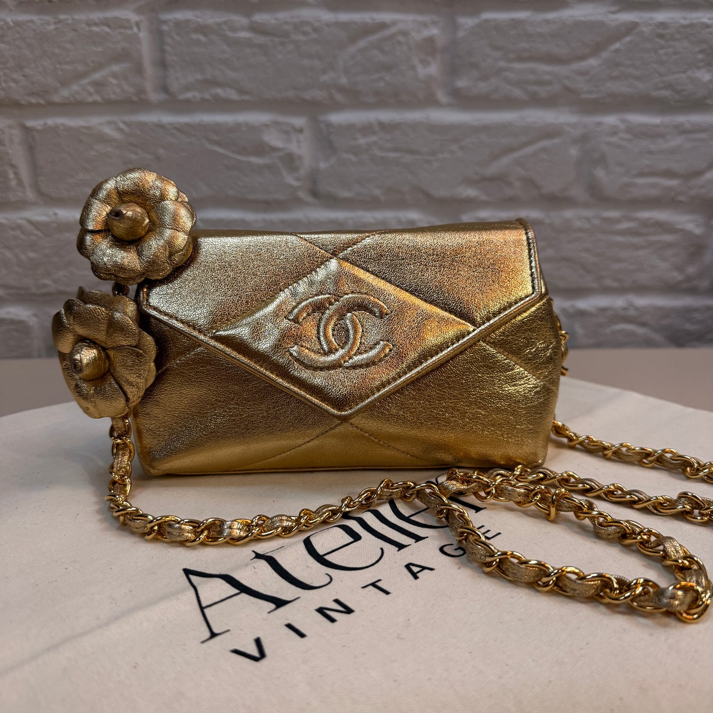 Chanel 1986 Ultra Rare Gold Lambskin Camellia Charm Envelope Flap