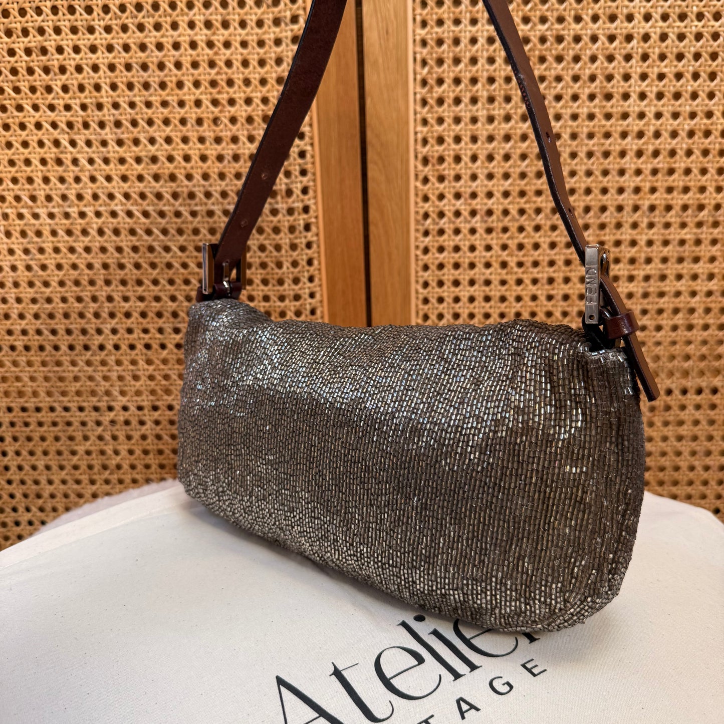 Fendi 2001 Rare Fendi Baguette Champagne - Limited Edition full glass beaded with chocolate leather