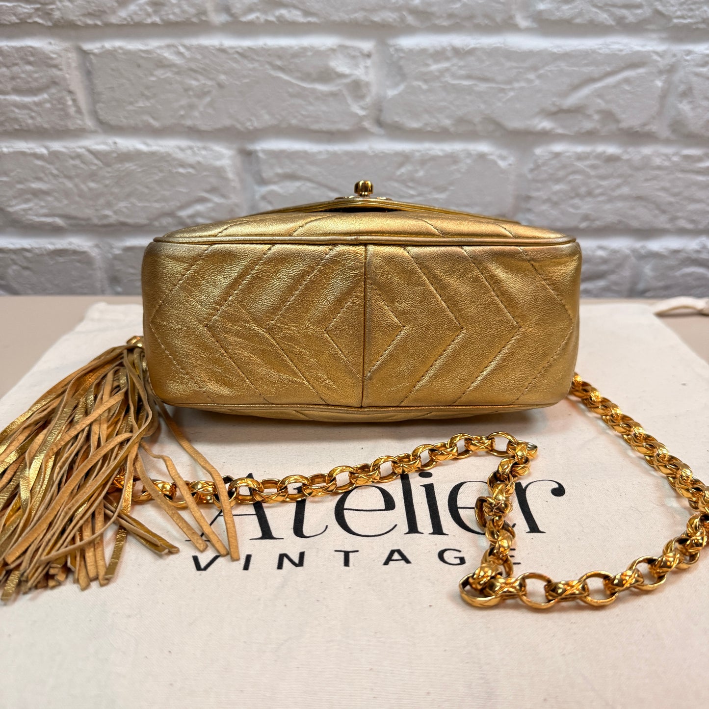 Chanel 1991 Ultra Rare Chevron Quilted Turnlock Camera Bag in Gold Lambskin Leather with 24k gold hardware
