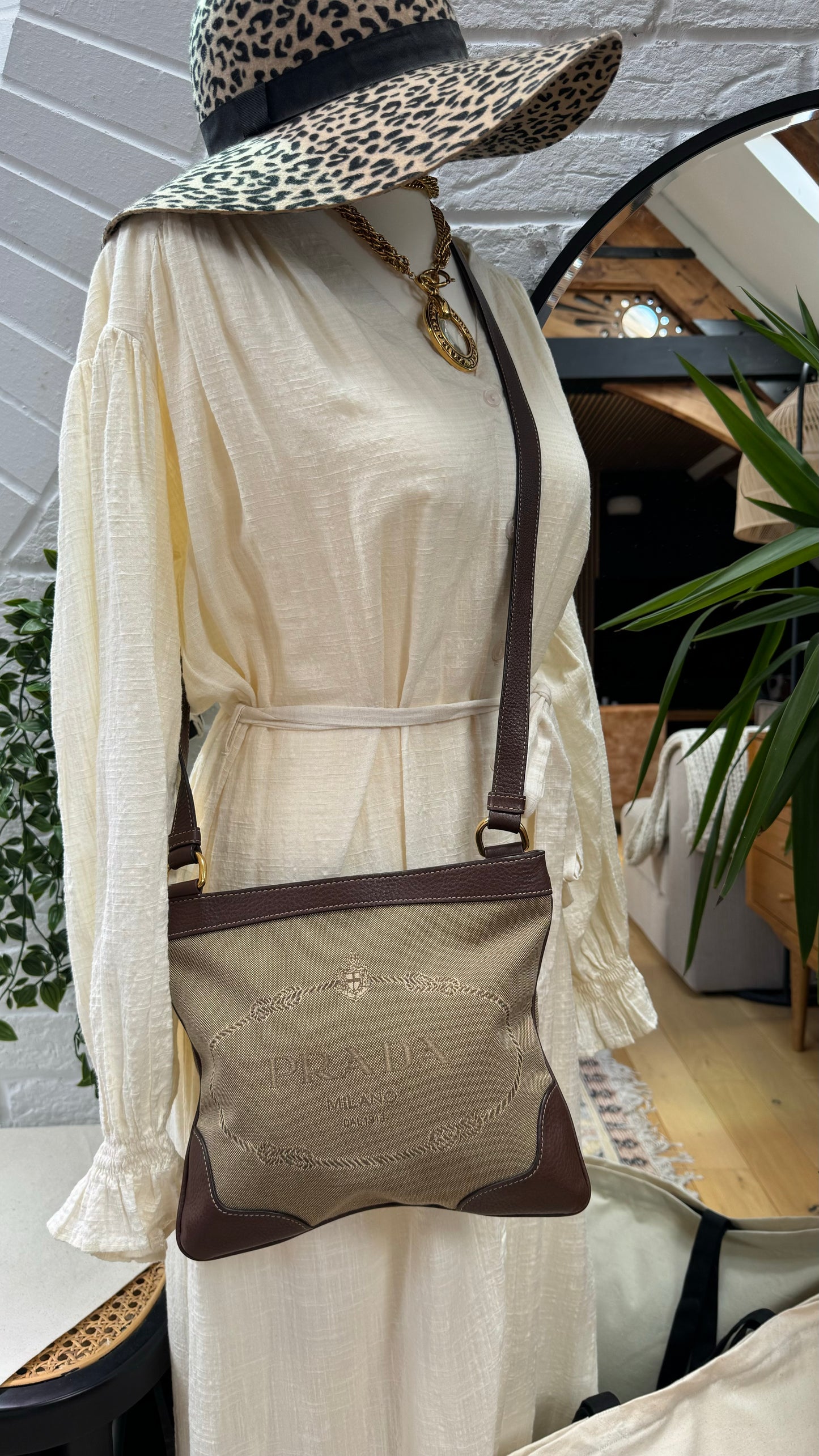 Prada Jacquard Brown/Beige Cross Body Messenger Bag