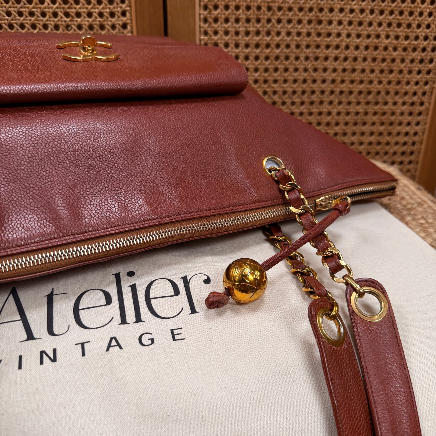 Chanel 1991 Rare Cognac Caviar leather tote with Turnlock front compartment