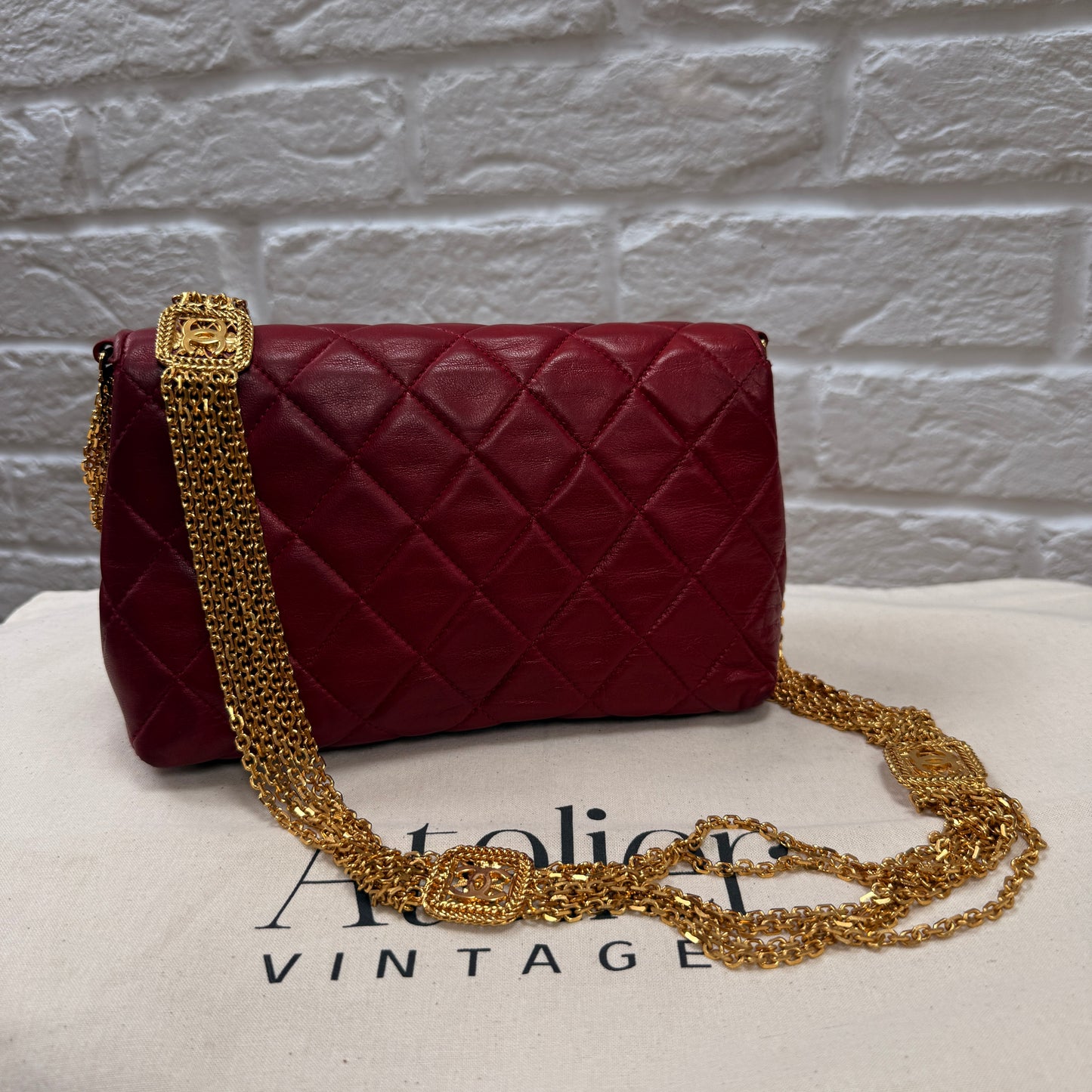 Chanel ULTRA RARE 1986 Single Flap with six strand 24k gold plated chain with CC logo stations