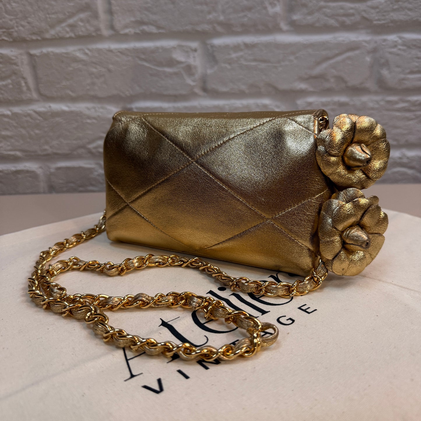 Chanel 1986 Ultra Rare Gold Lambskin Camellia Charm Envelope Flap