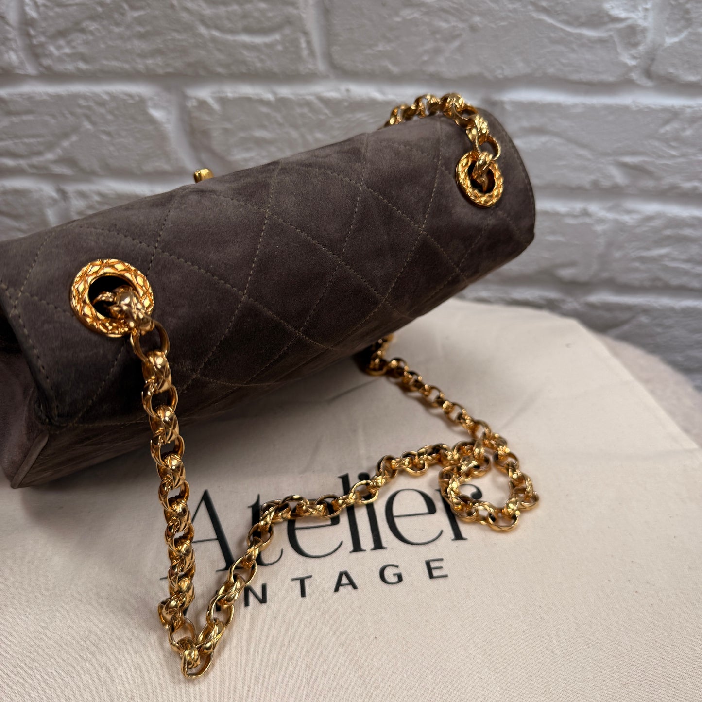 Chanel 1980s Ultra Rare Chanel Limited Edition Bijoux Chain in Taupe Suede and 24k Hold Hardware