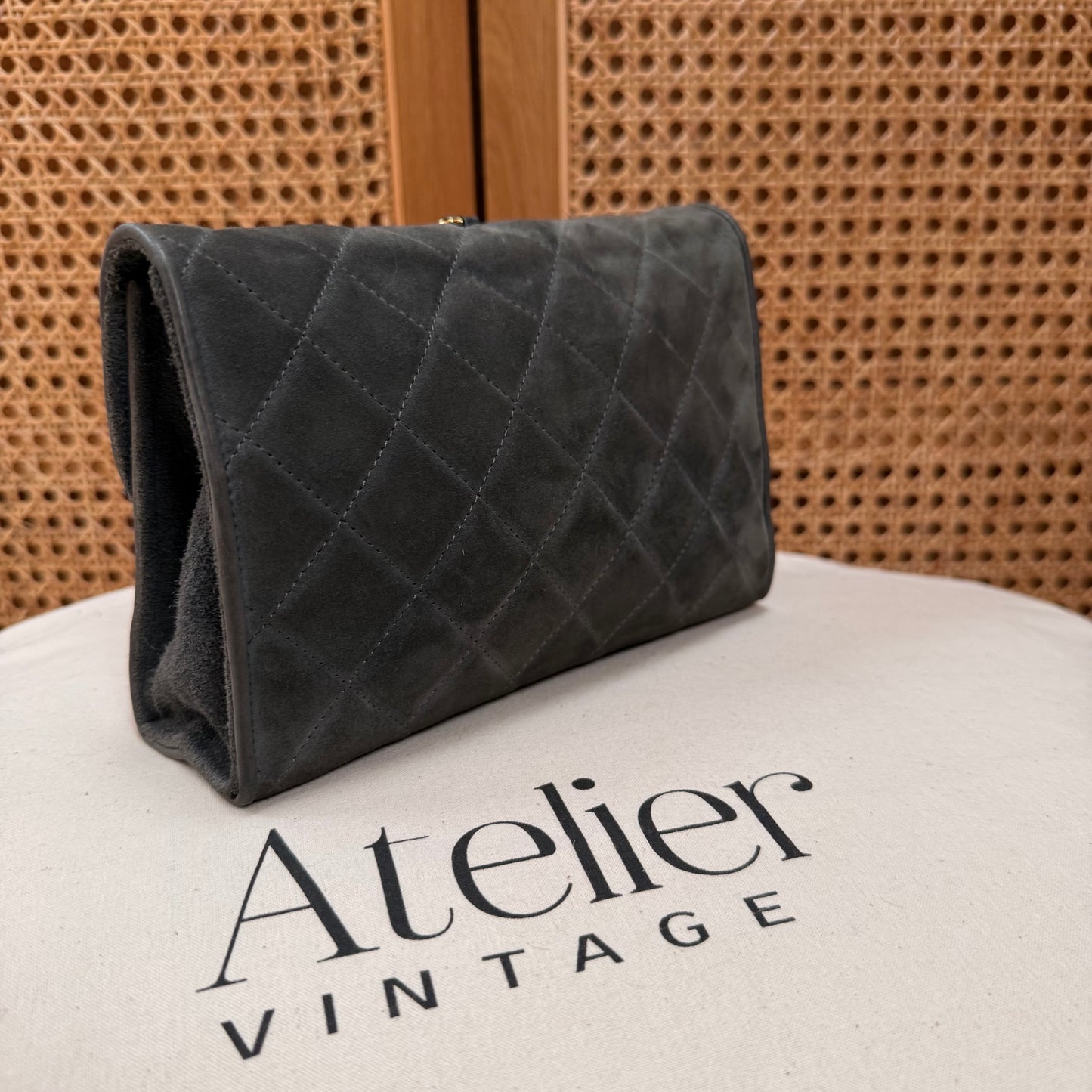 Chanel 1986 Grey Suede Tassel Clutch