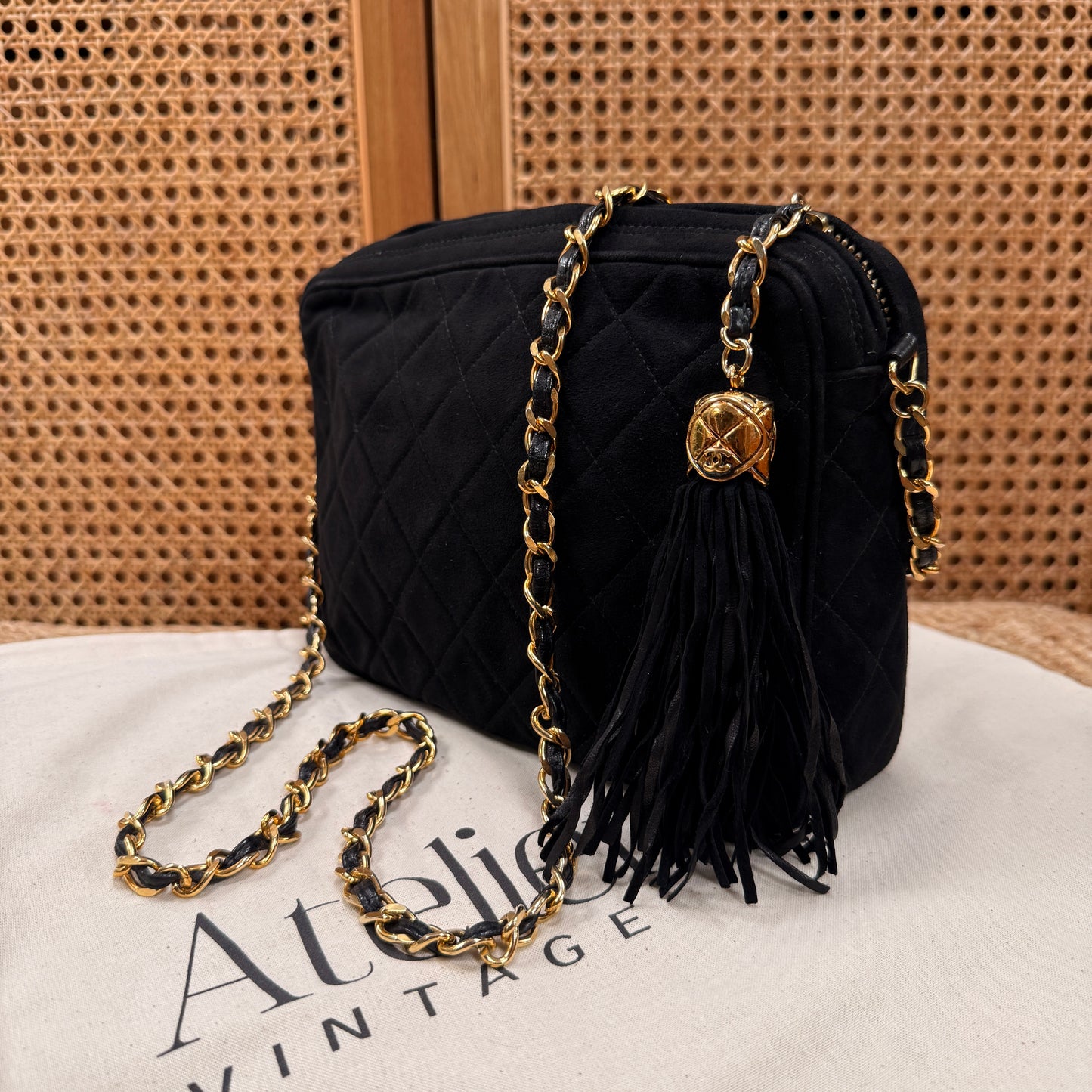 Chanel 1989 Rare Black Suede Front Flap Camera Bag