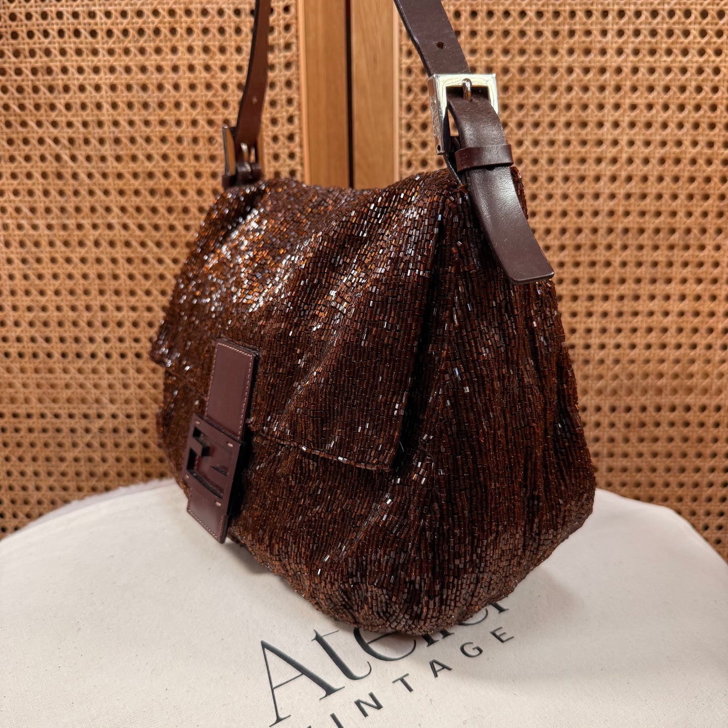 Fendi 2000 Rare Mamma Baguette Bronze - Limited Edition full glass beaded with chocolate leather