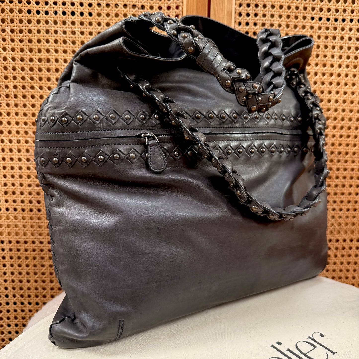 Bottega Veneta 1990s Black Leather Studded Two Way Tote