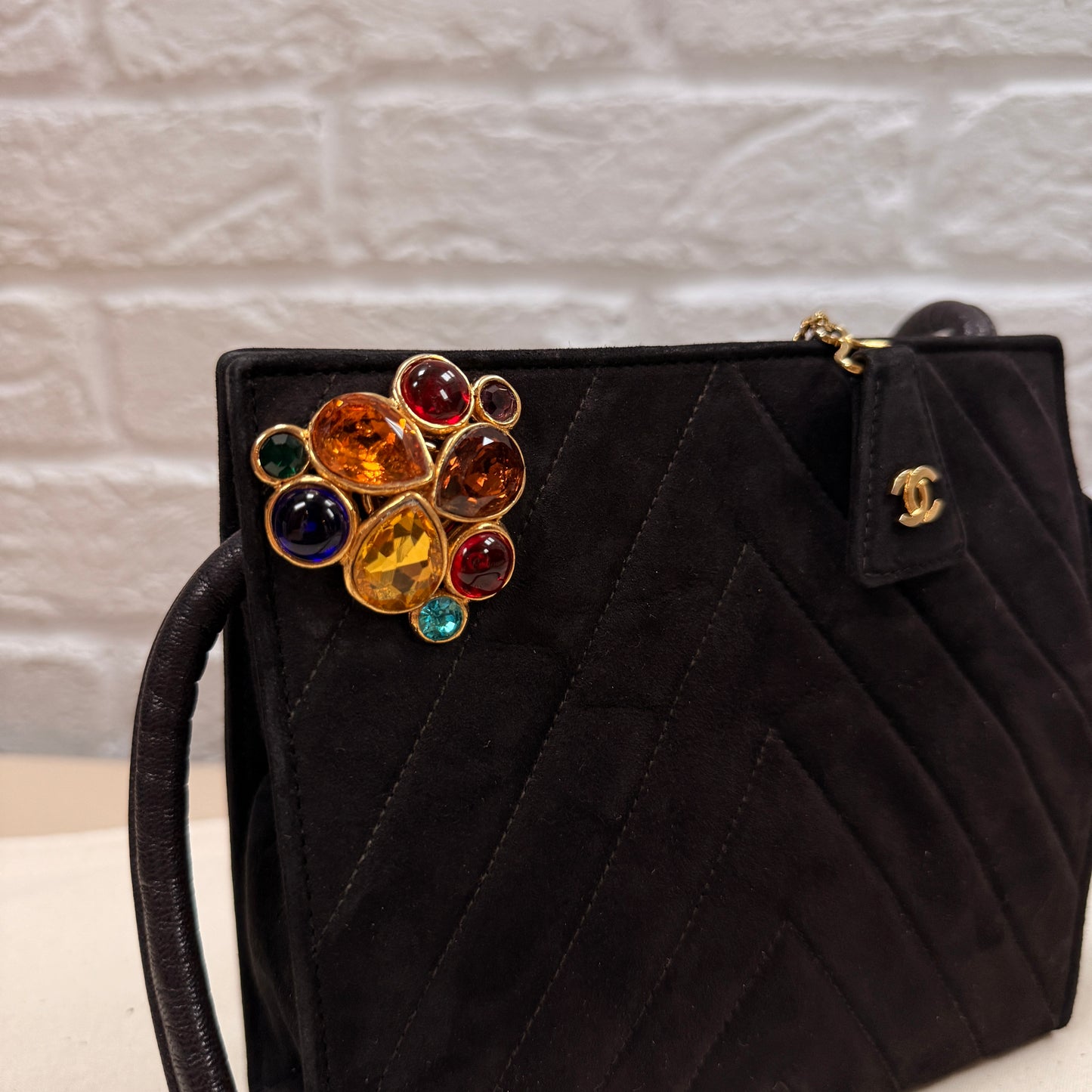 Chanel 1989 Chanel Black Suede & Leather Cross body with rare Gripoix Stone and CC charm Zip Pull