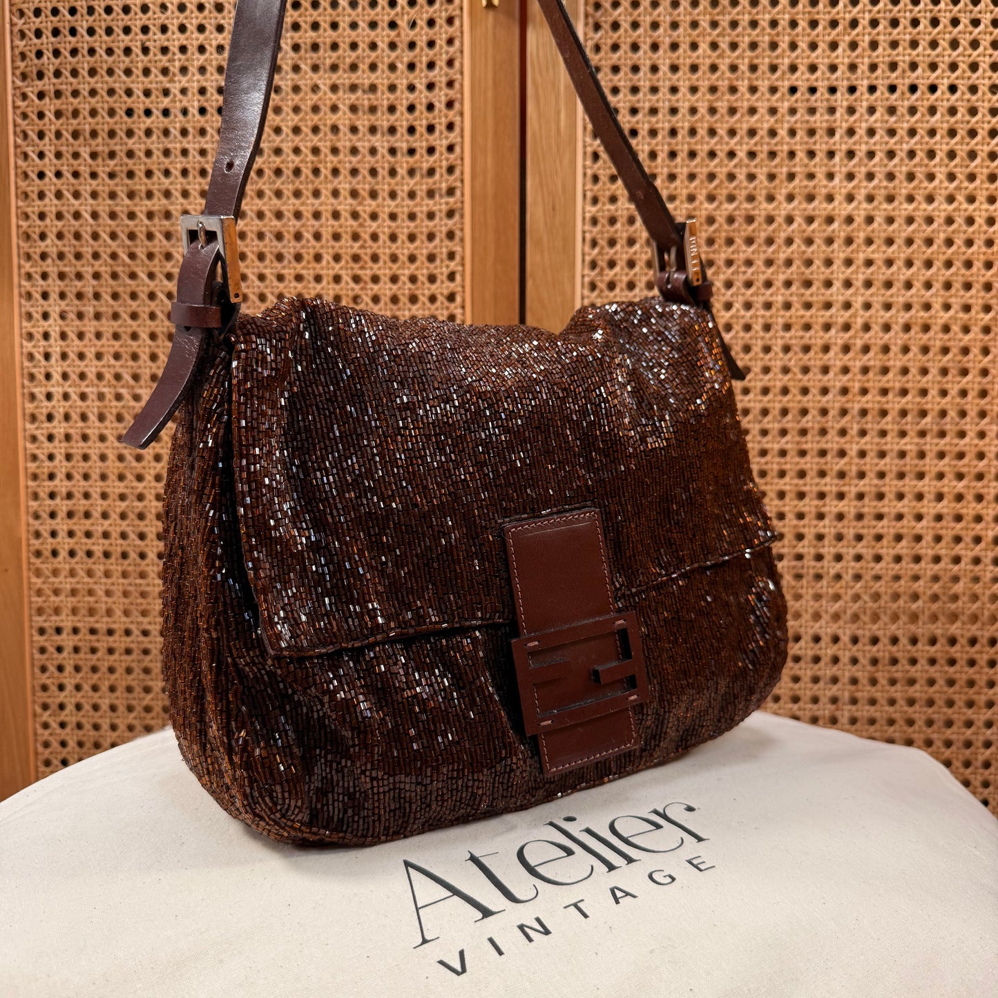Fendi 2000 Rare Mamma Baguette Bronze - Limited Edition full glass beaded with chocolate leather