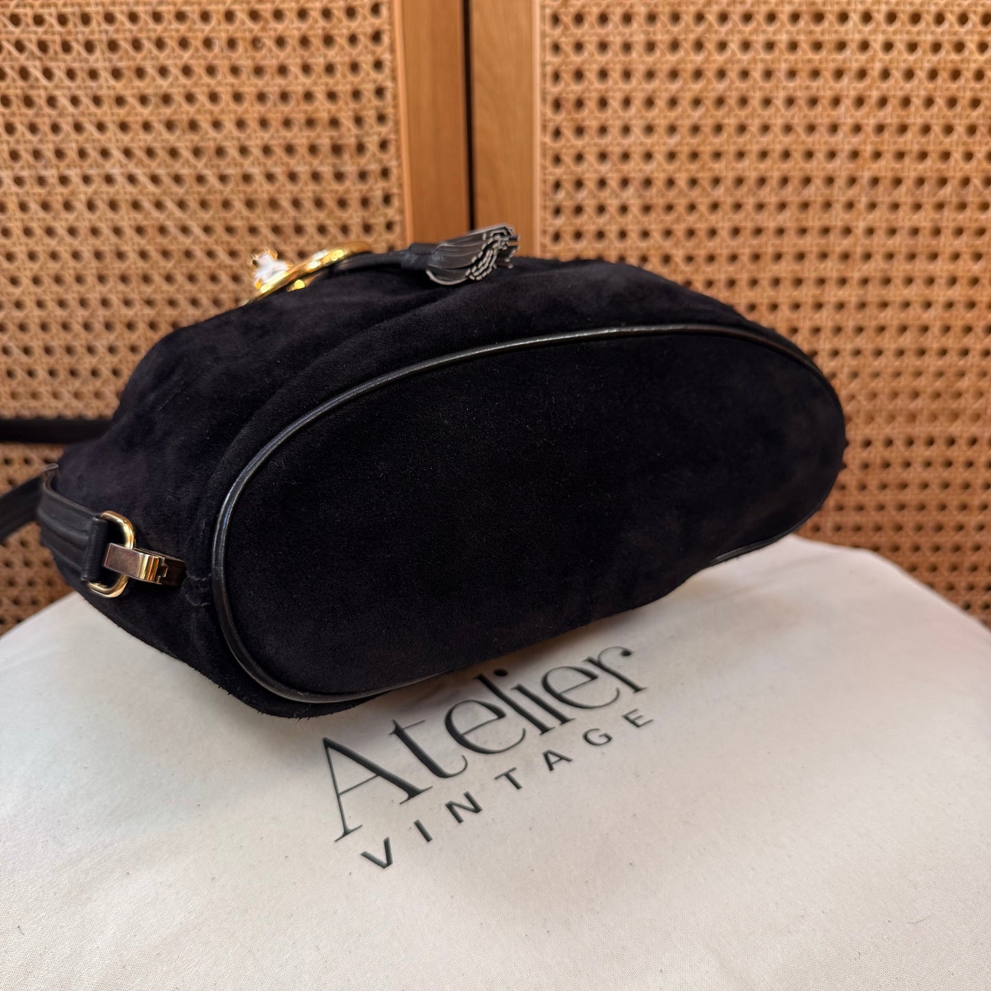 Gucci 1990s Rare Enamel Leopard Suede Bucket Bag
