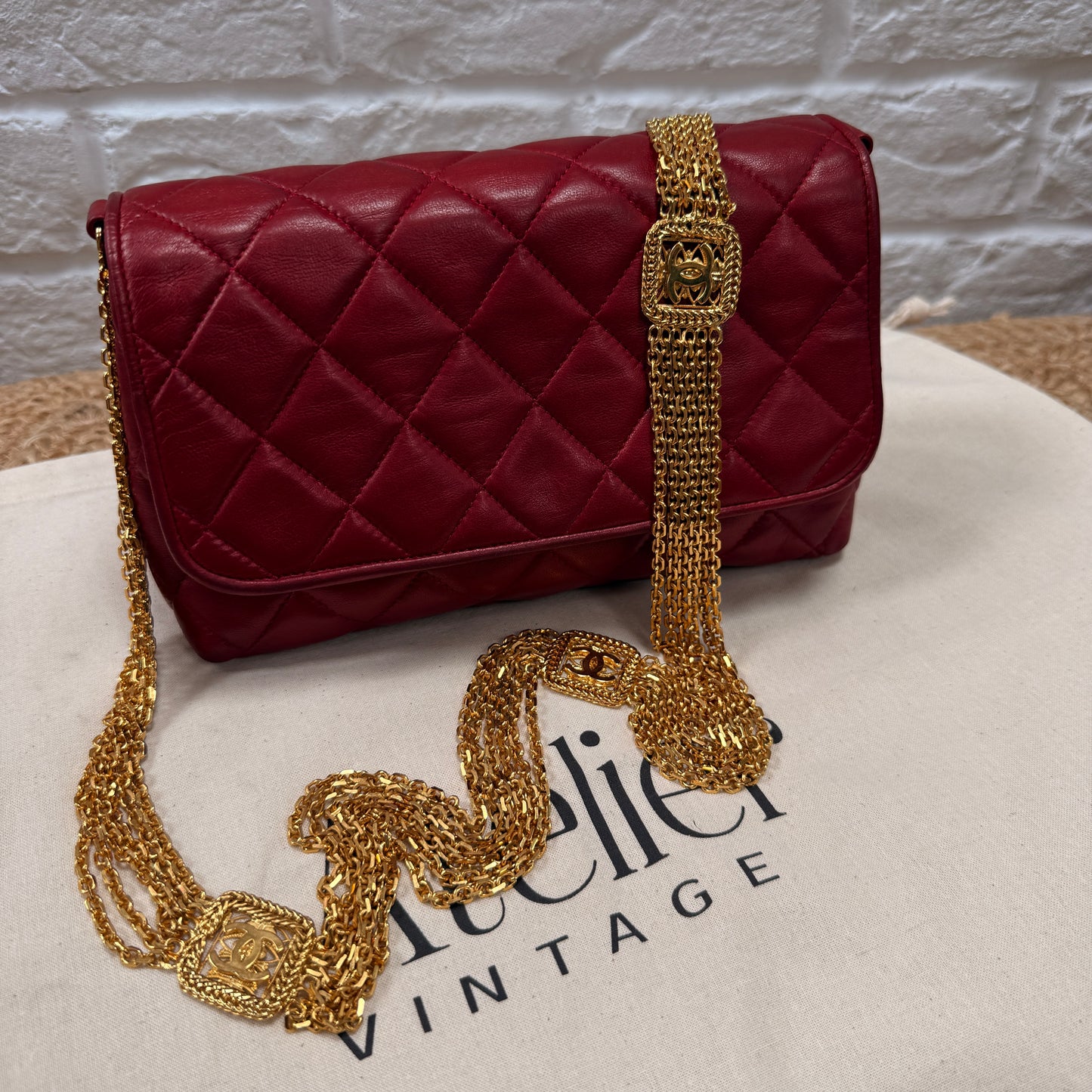Chanel ULTRA RARE 1986 Single Flap with six strand 24k gold plated chain with CC logo stations