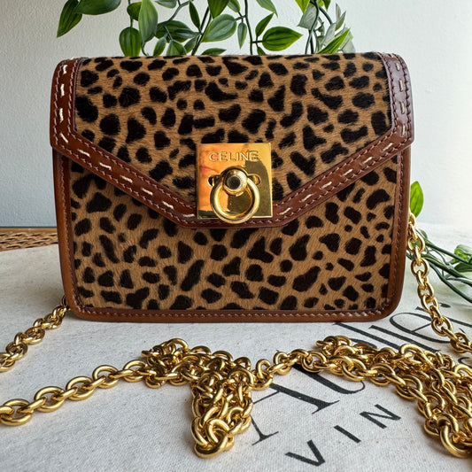 Celine Rare Vintage Leopard Pony Hair Chain Bag