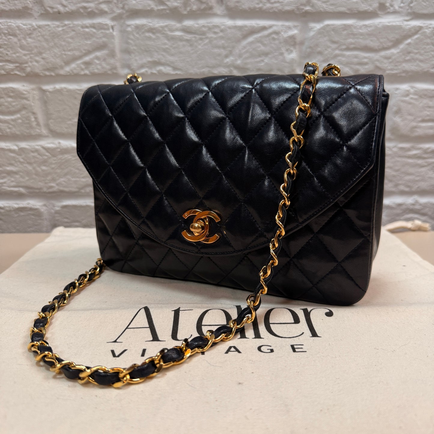 Chanel 1986 Rare Navy Lambskin Half Moon Single Flap with 24k Gold Hardware