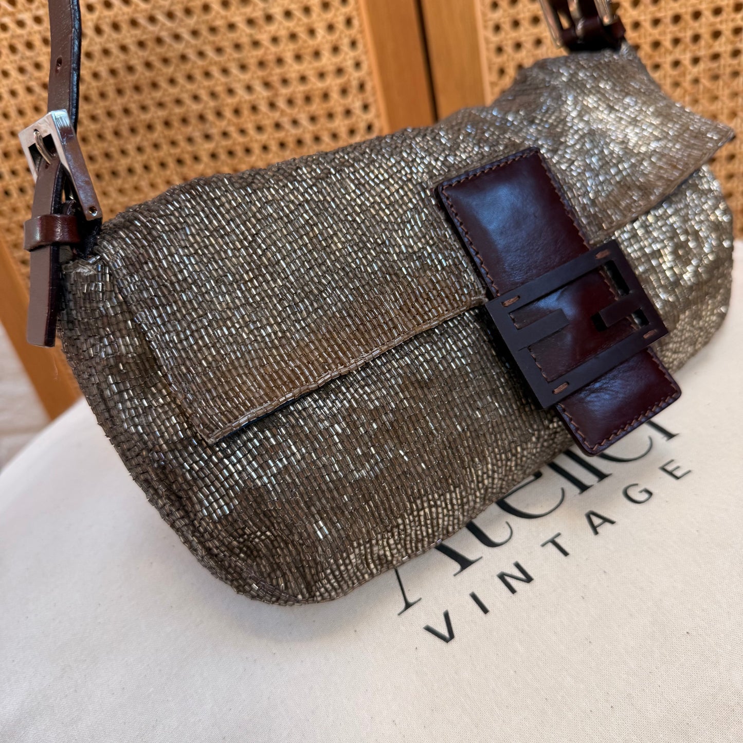 Fendi 2001 Rare Fendi Baguette Champagne - Limited Edition full glass beaded with chocolate leather