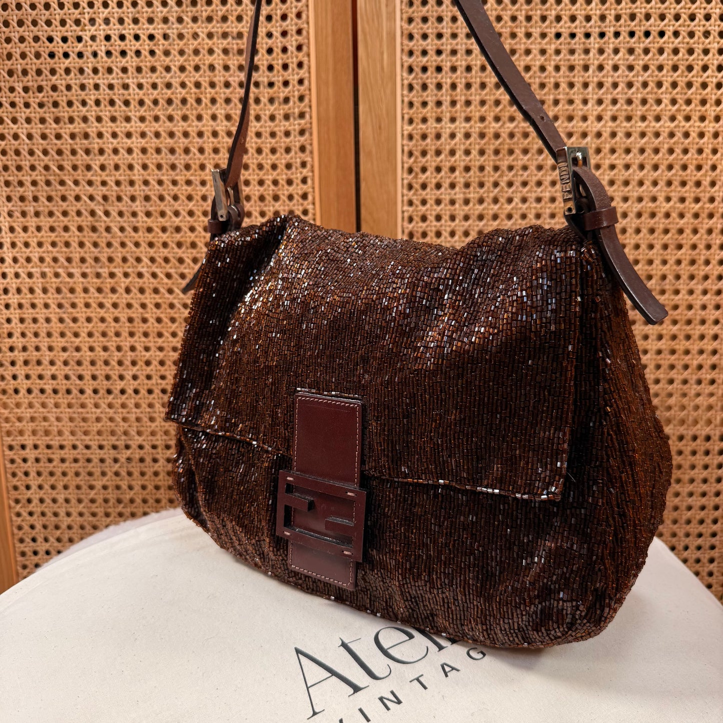 Fendi 2000 Rare Mamma Baguette Bronze - Limited Edition full glass beaded with chocolate leather