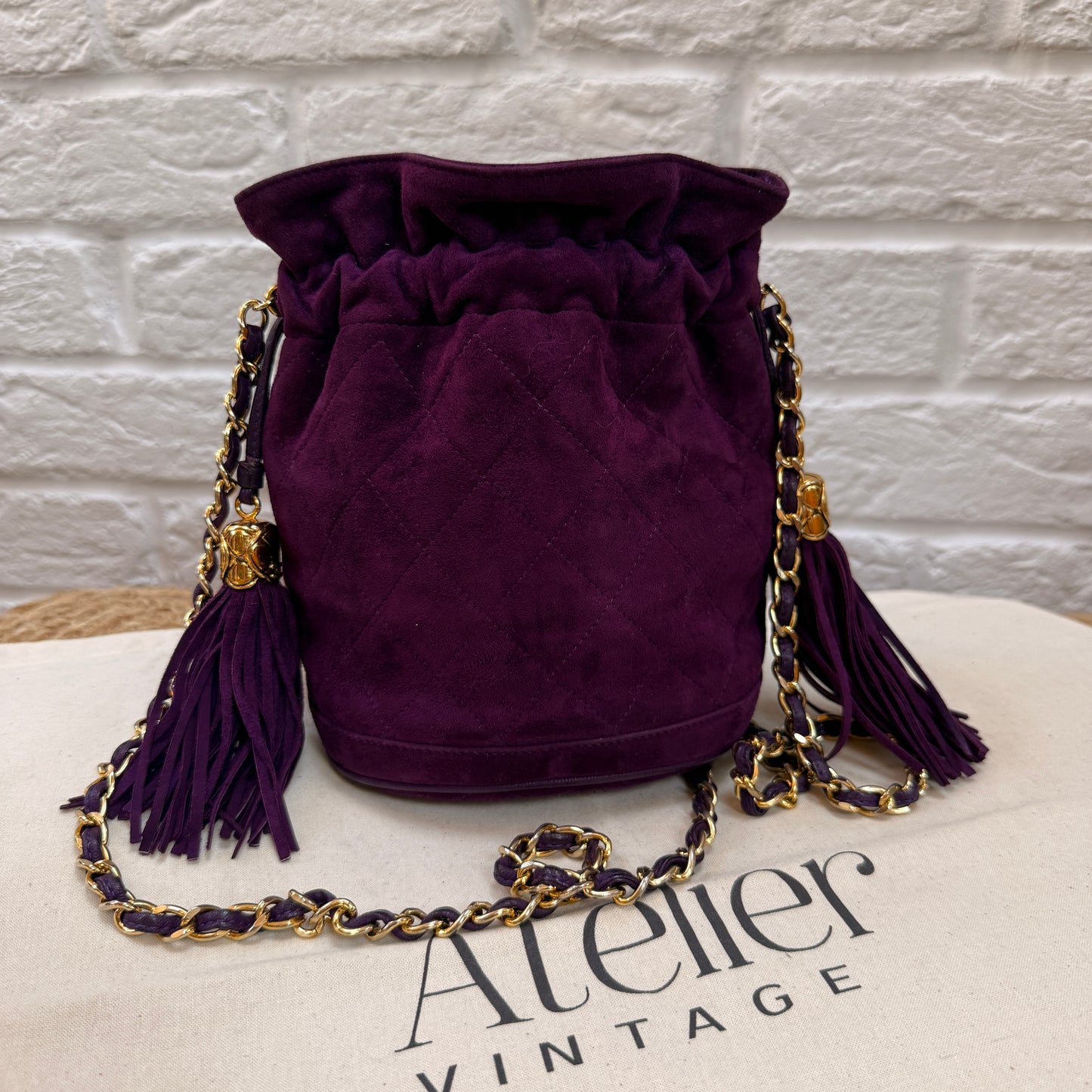 Chanel 1989 ultra rare plum suede Quilted Cross Body Bucket Bag