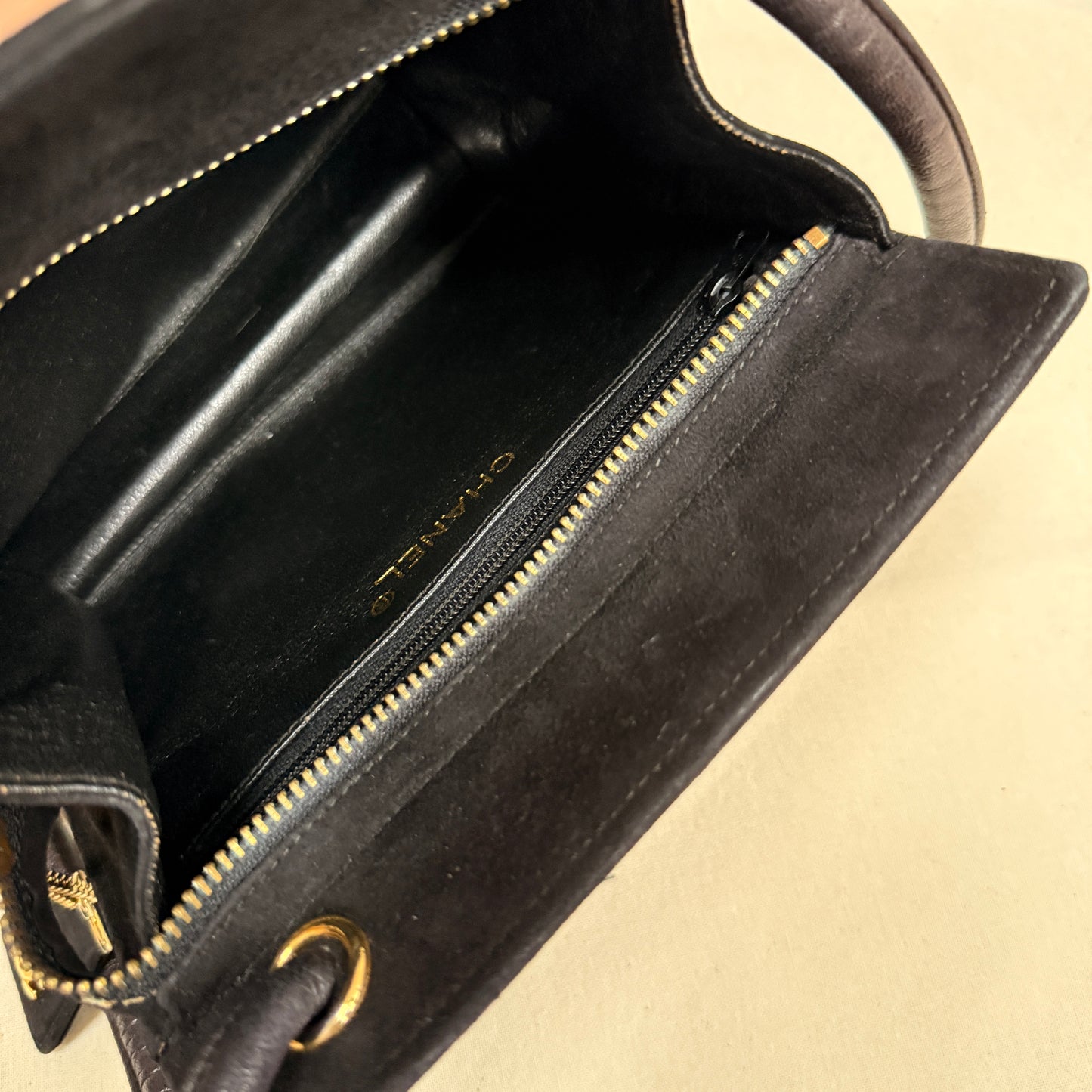 Chanel 1989 Chanel Black Suede & Leather Cross body with rare Gripoix Stone and CC charm Zip Pull