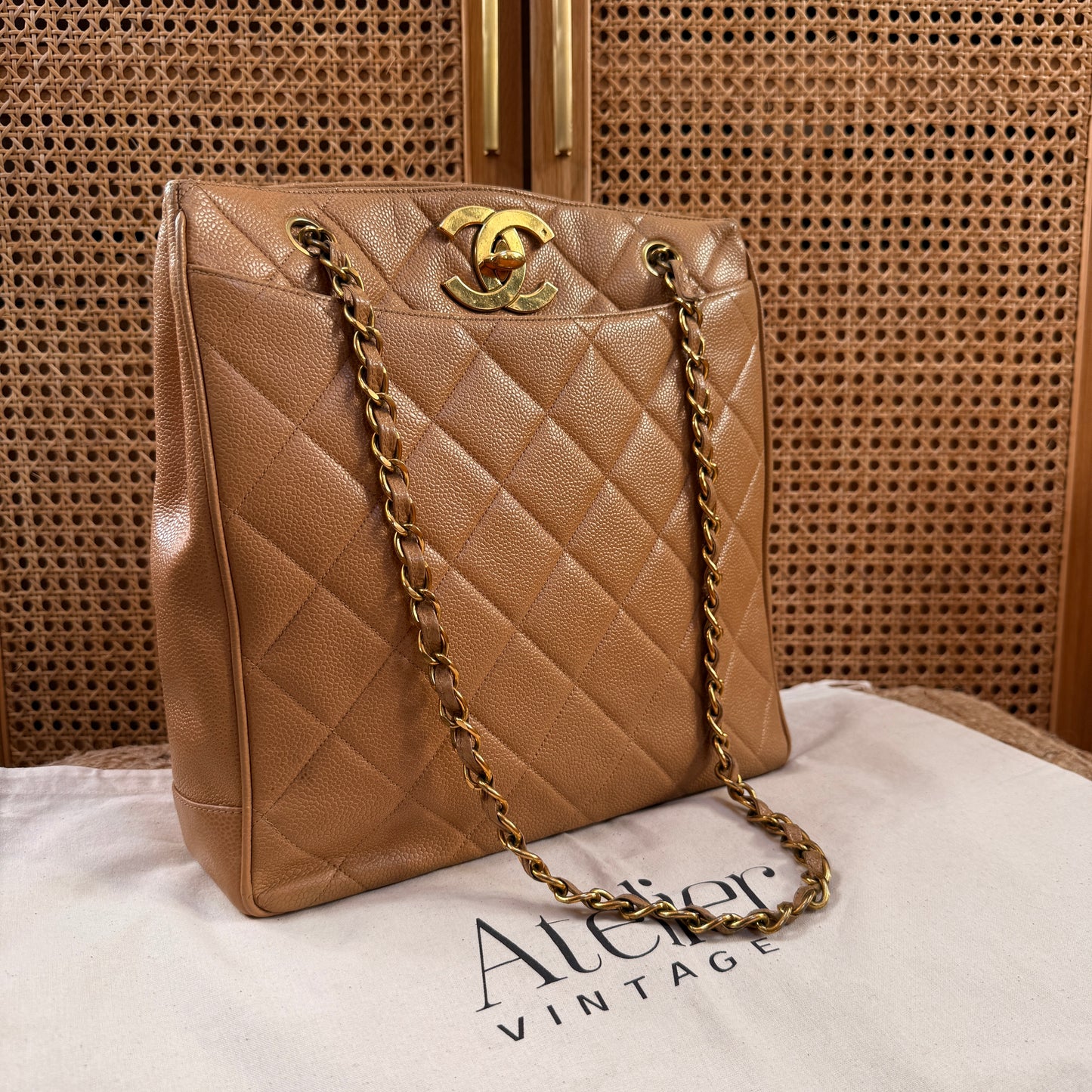 Chanel 1996 Dark Beige Caviar Tote with Jumbo CC Turnlock