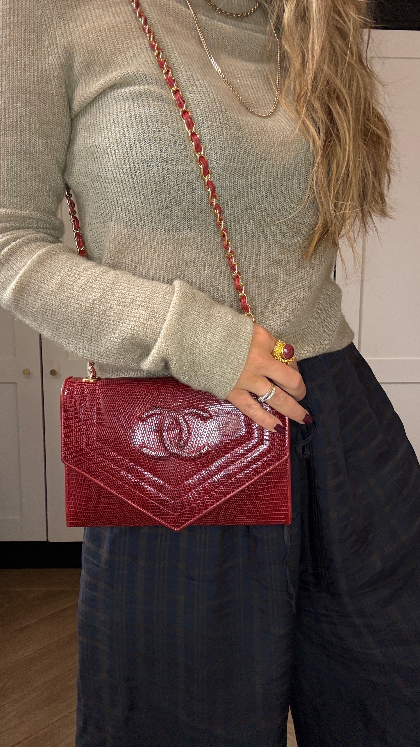 Chanel 1986 Rare Red Exotic Leather Envelope Flap