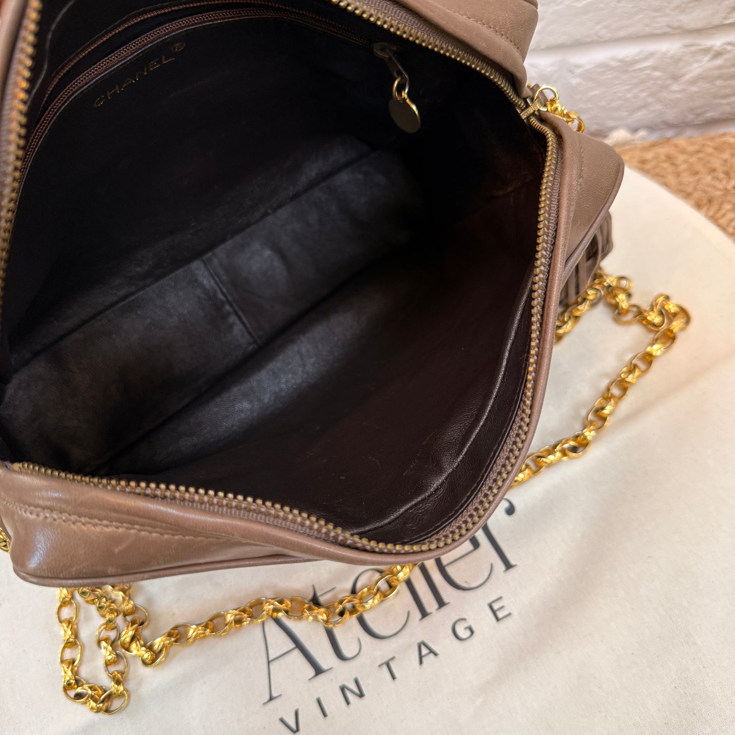 Chanel Rare 1980s Mademoiselle Camera Bag with Bijoux chain in Taupe