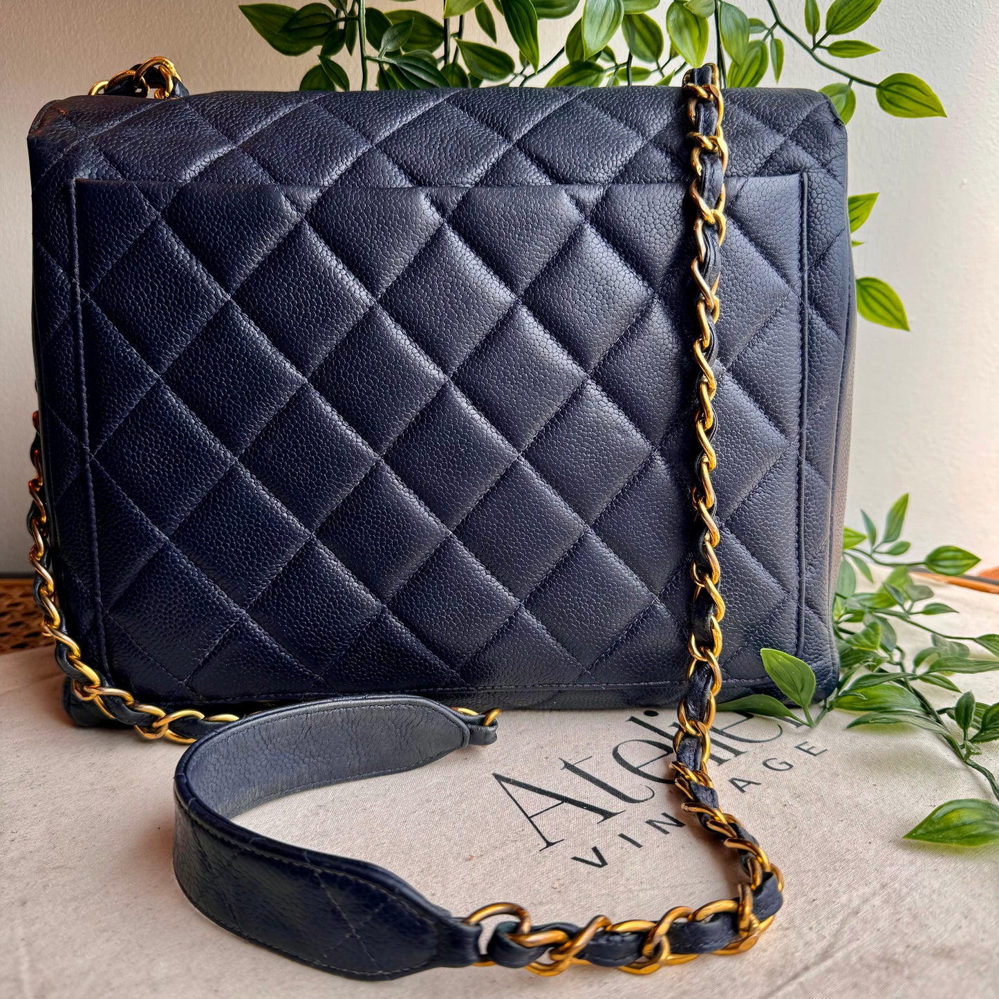 Chanel 1994 Navy Caviar Leather Large Square Single Flap