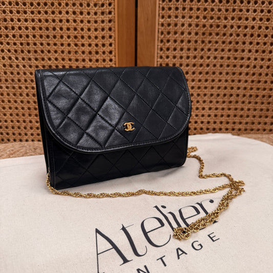 Chanel Early 1980s Rare Black Lambskin Leather Single flap Cross Body