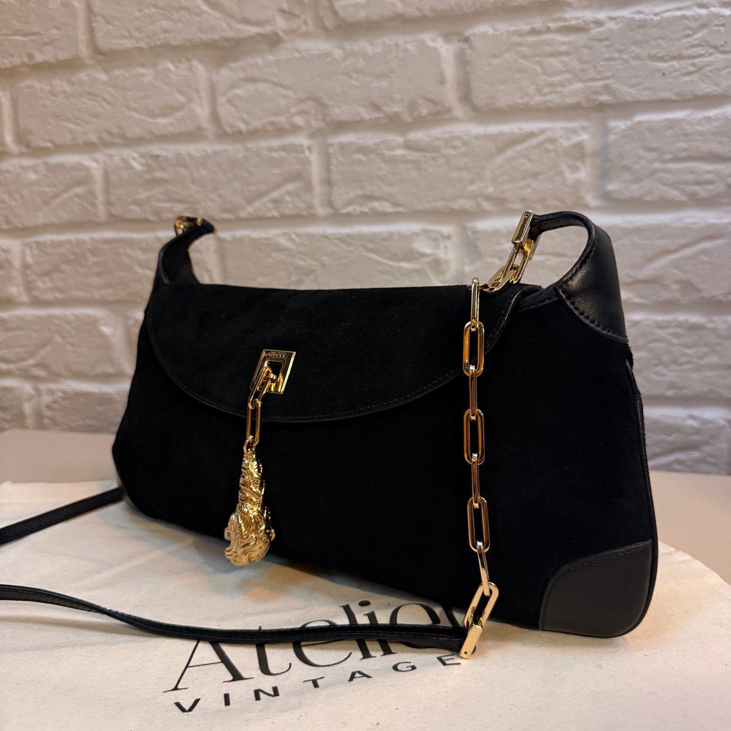 Gucci 1990s Gucci X Tom Ford Black Suede Tigers Head Cross Body