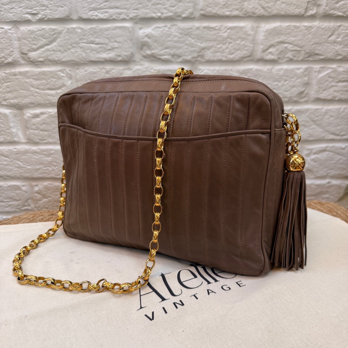 Chanel Rare 1980s Mademoiselle Camera Bag with Bijoux chain in Taupe