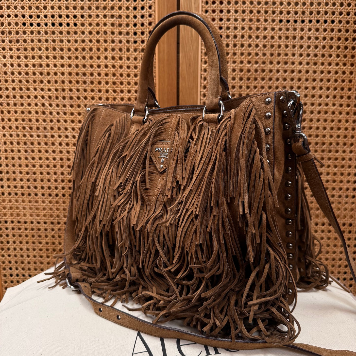 Prada Saffiano Two Way Suede Fringed tote