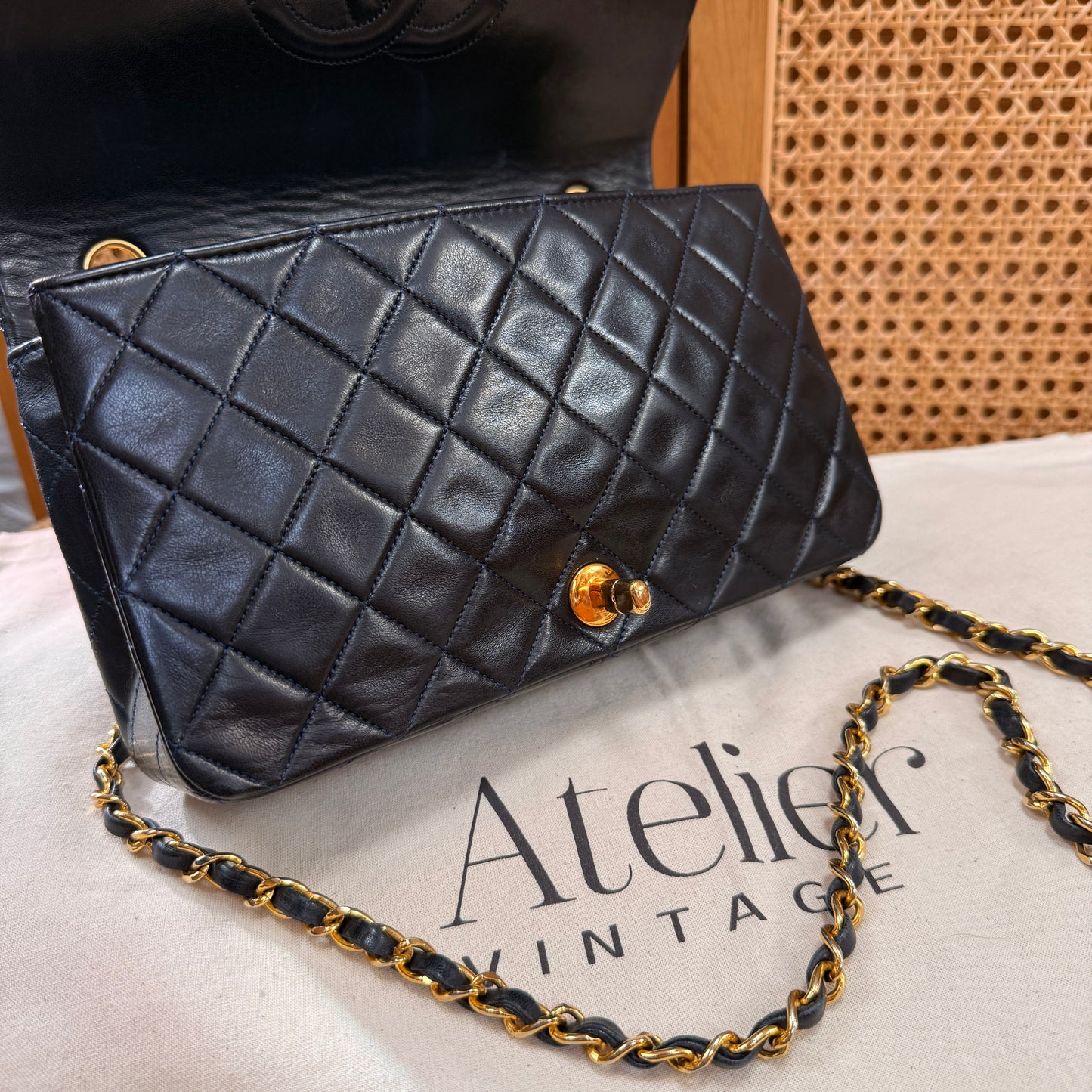 Chanel 1989 Rare Navy Classic Medium Rectangle Full Flap