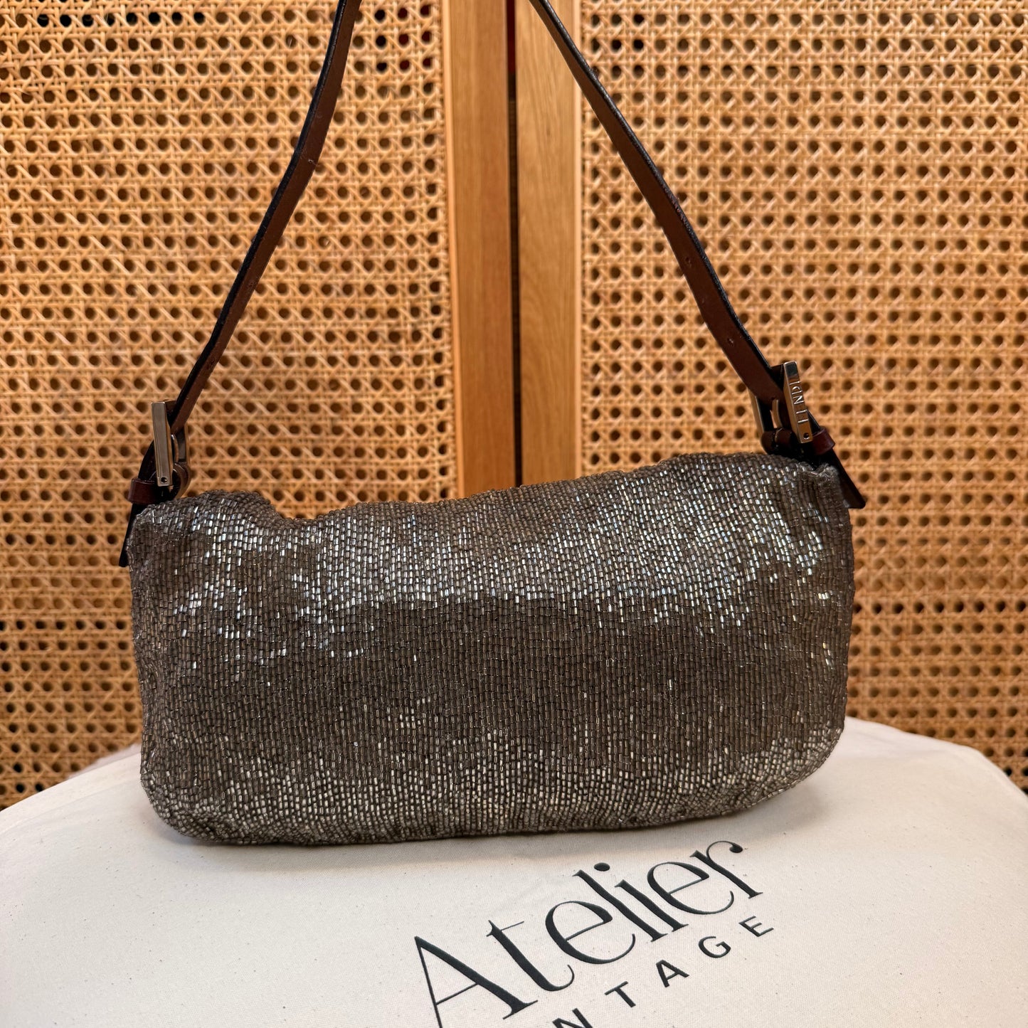 Fendi 2001 Rare Fendi Baguette Champagne - Limited Edition full glass beaded with chocolate leather