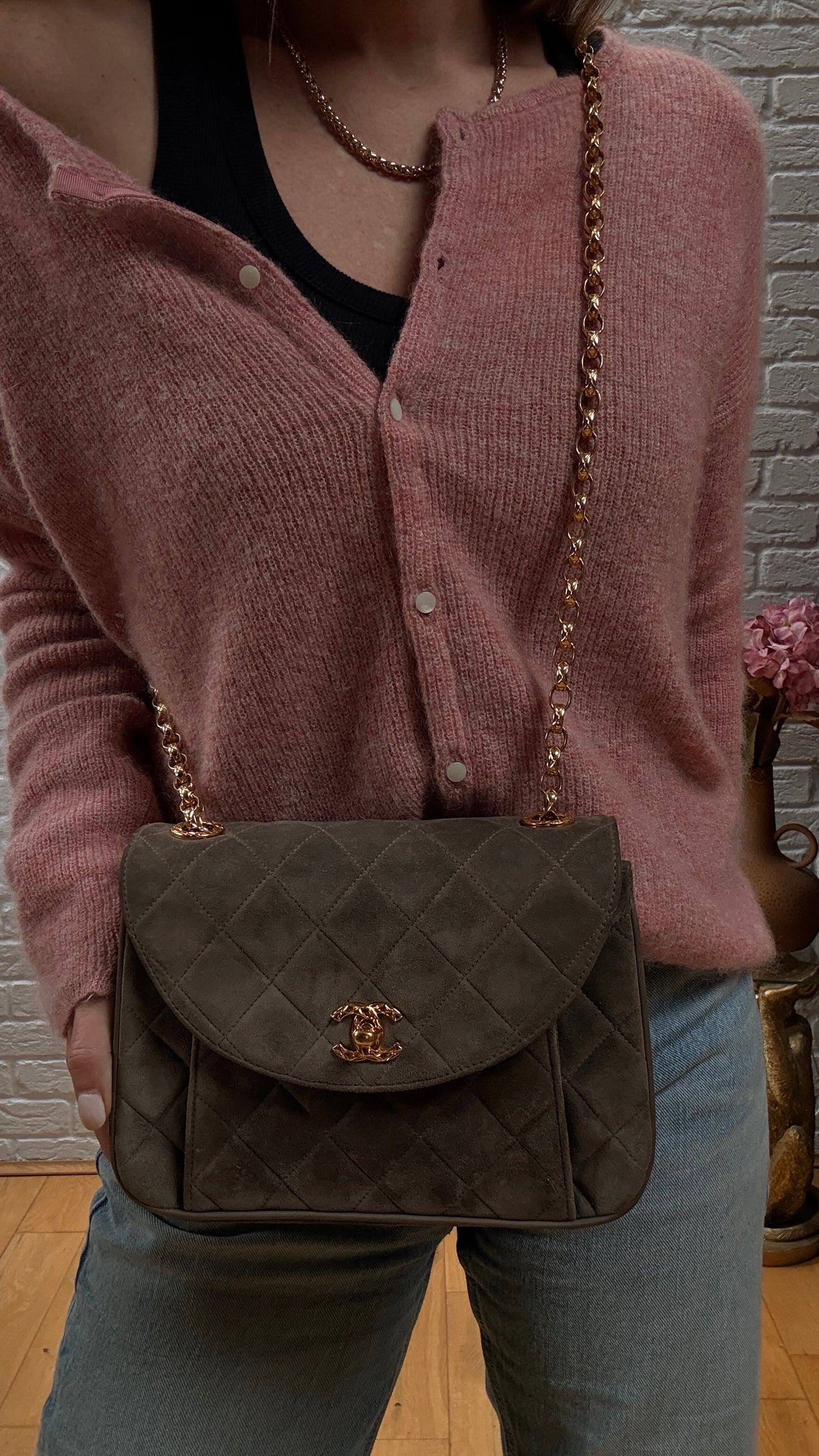 Chanel 1980s Ultra Rare Chanel Limited Edition Bijoux Chain in Taupe Suede and 24k Hold Hardware