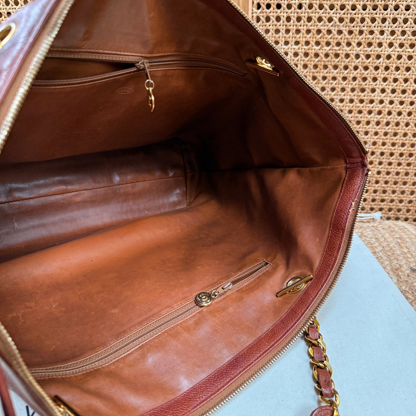 Chanel 1991 Rare Cognac Caviar leather tote with Turnlock front compartment