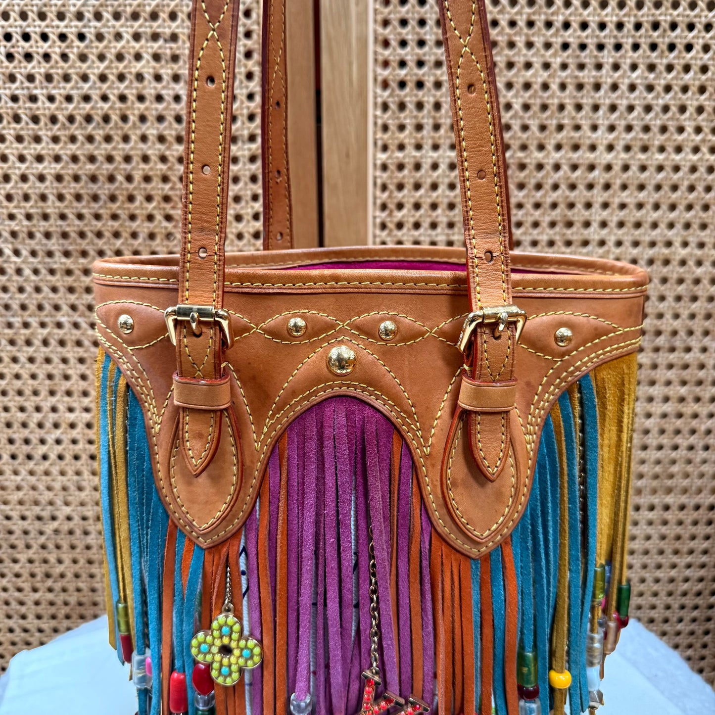 Louis Vuitton 2006 ULTRA RARE Murakami Suede and Beaded Fringe Bucket Bag